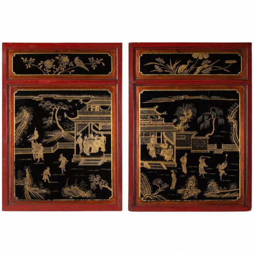 Pair of Chinese Red, Gold and Black Lacquered Panels